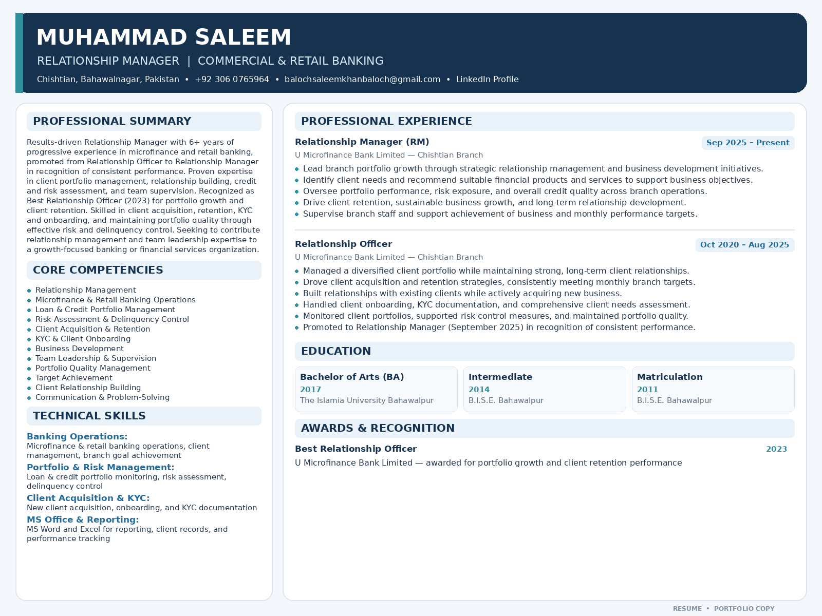 Muhammad Saleem — Banking Resume